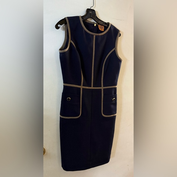 Tory Burch Dresses & Skirts - Tory Burch Elegant Navy Blue Sleeveless Sheath Dress‎ Beige Trim Detail Size 6
